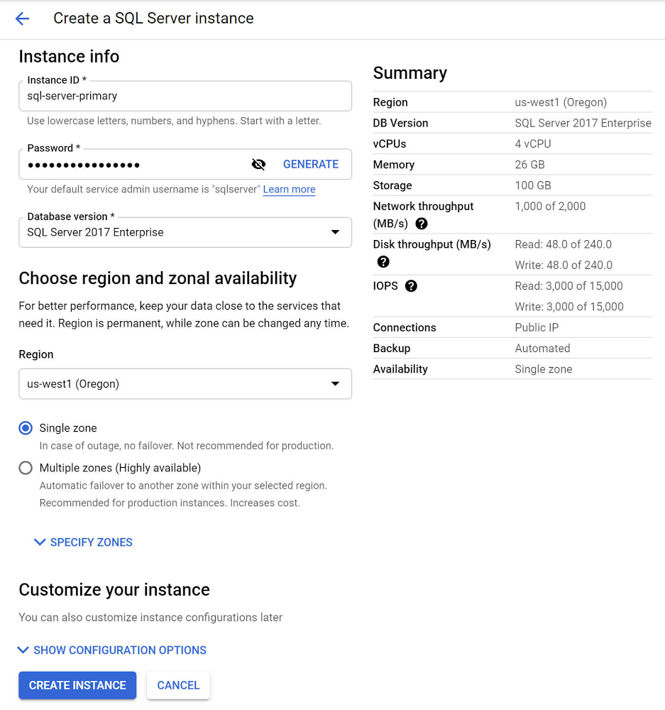 Create primary Cloud SQL instance
