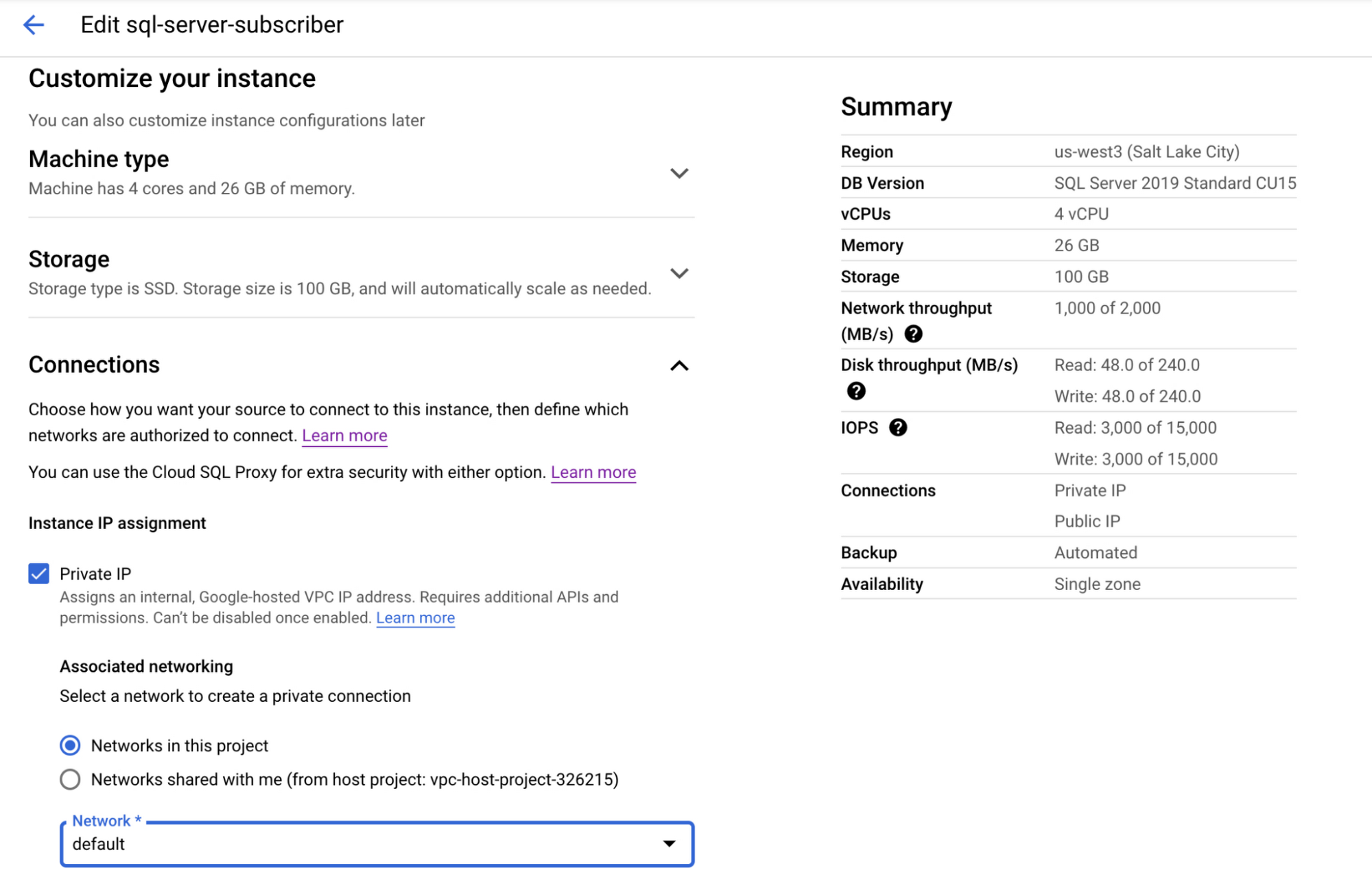 Screenshot of the Cloud SQL edit page showing the instance that will serve as publisher