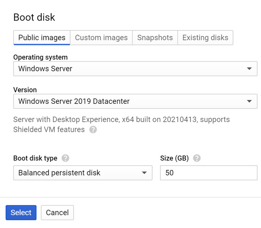 Create Windows VM instance select boot disk