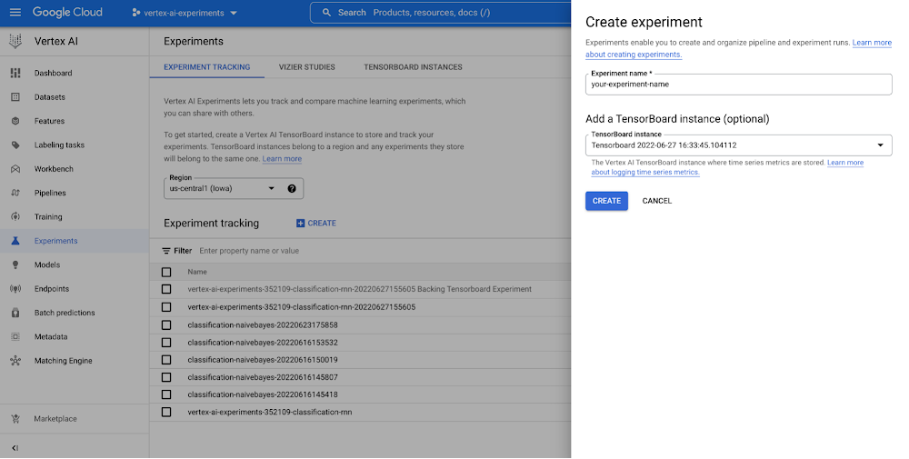 Figure 2. Create an experiment (console)