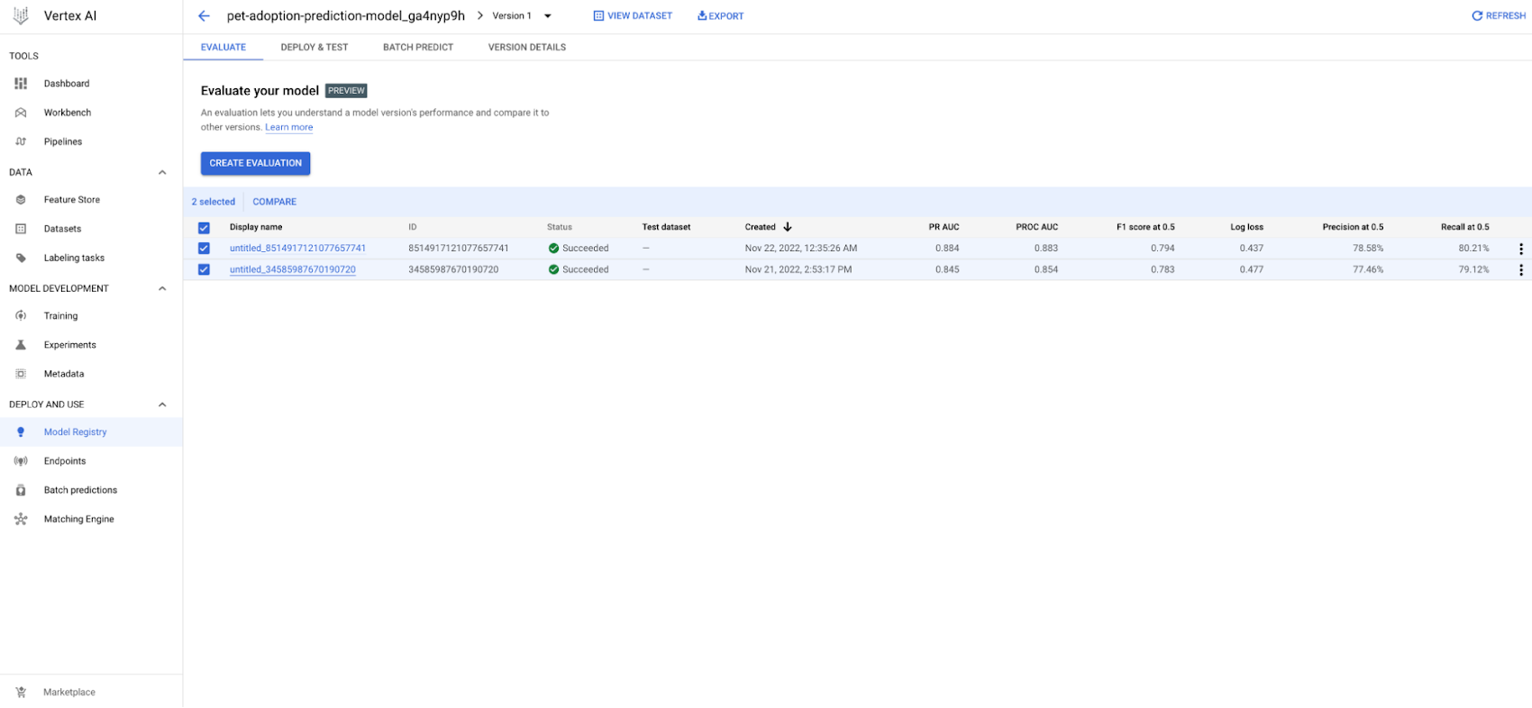 Compare Model evaluation across model versions