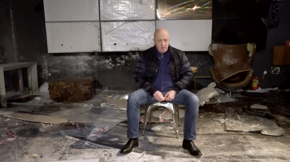 Image of Prigozhin delivering an address at the Cyber Front Z headquarters in Saint Petersburg, Russia following a bombing that occurred there in April 2023