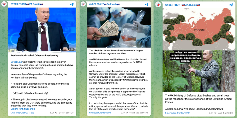 Example Cyber Front Z content promoting narratives related to the Russian invasion of Ukraine