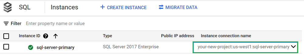 List of Cloud SQL instances with primary instance connection name highlighted