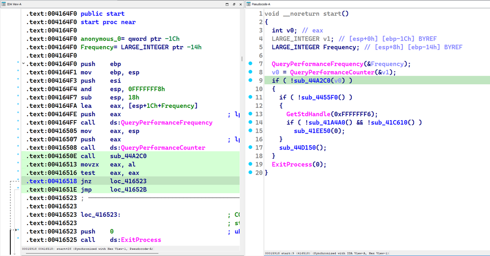 Decompiler view of the subroutine at the binary's entrypoint after deobfuscation