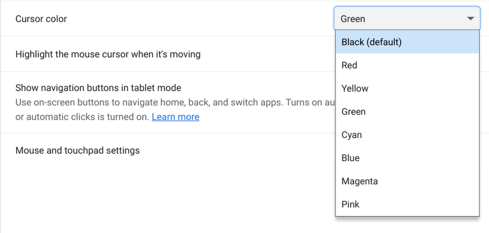 ChromeOS cursor color change settings UI