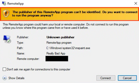Unsigned RDP connection — warning banner