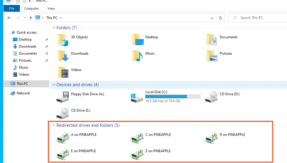 Victim’s mapped-drives as seen on an attacker’s RDP server