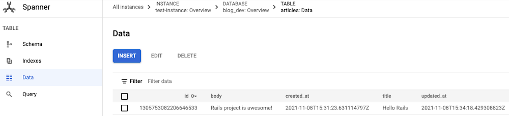 Spanner Console Data Page