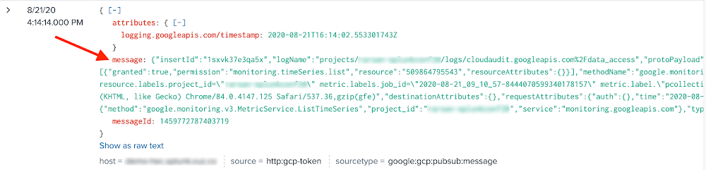 Splunk-indexed Google Cloud log - before