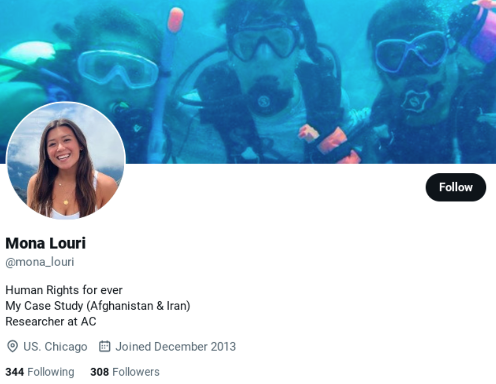 Twitter account of Mona Louri, a likely fake persona leveraged by APT42