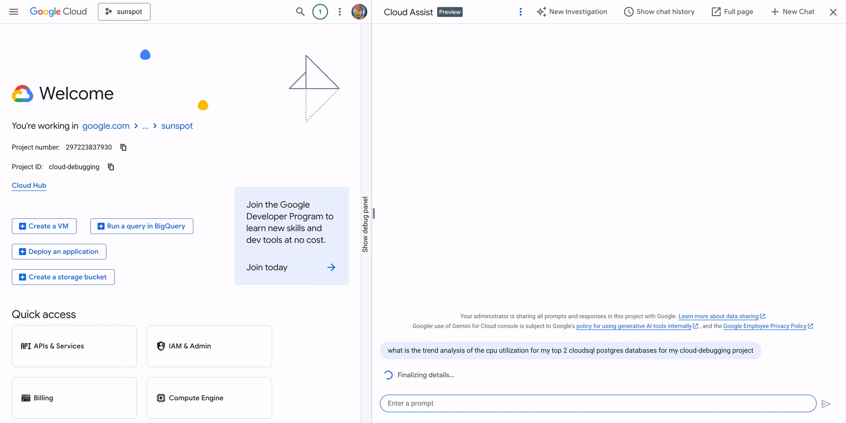 Exemplo de chat com o Cloud Assist para observabilidade de banco de dados