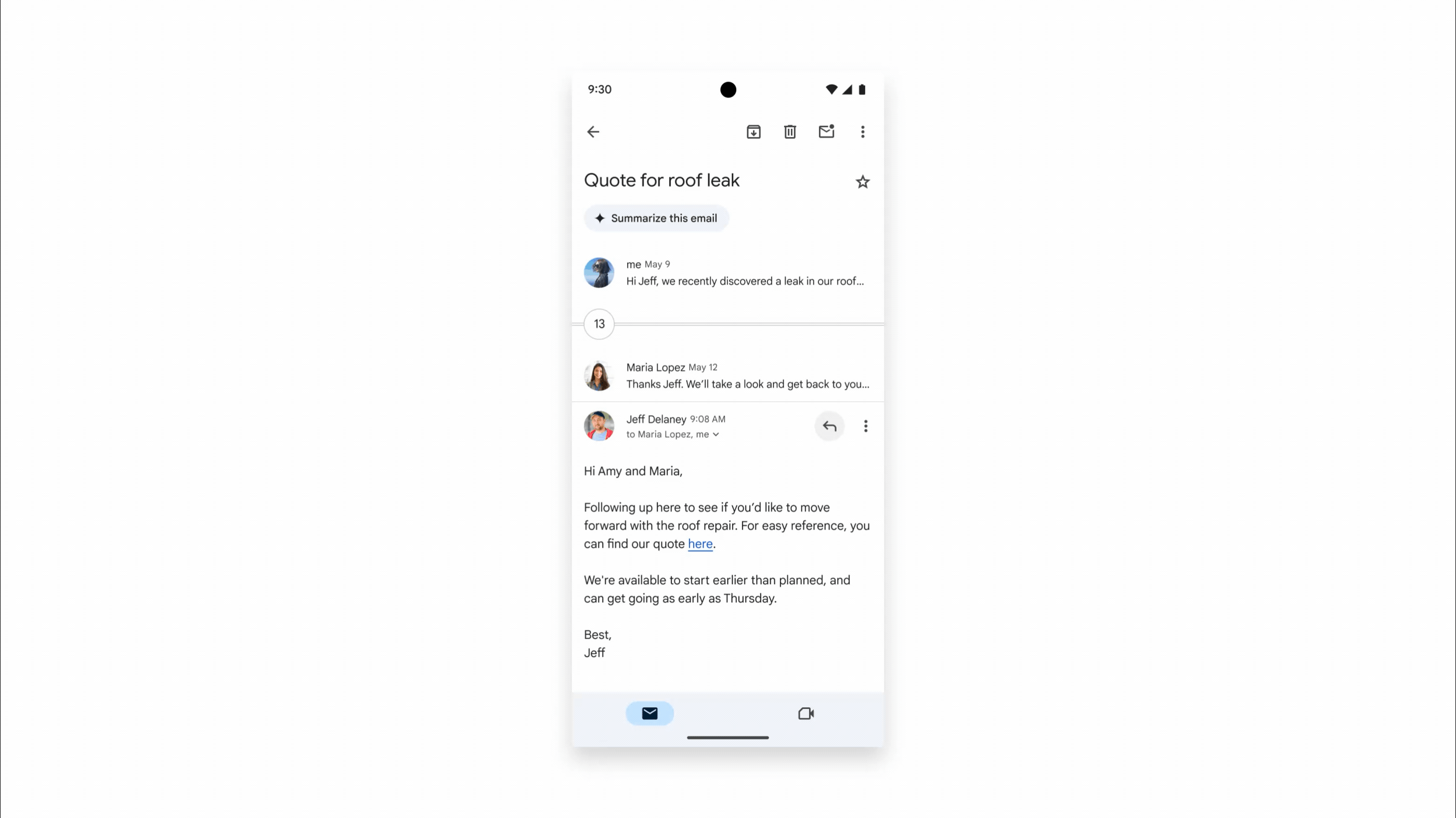 Gemini in the Gmail app providing Contextual Smart Replies