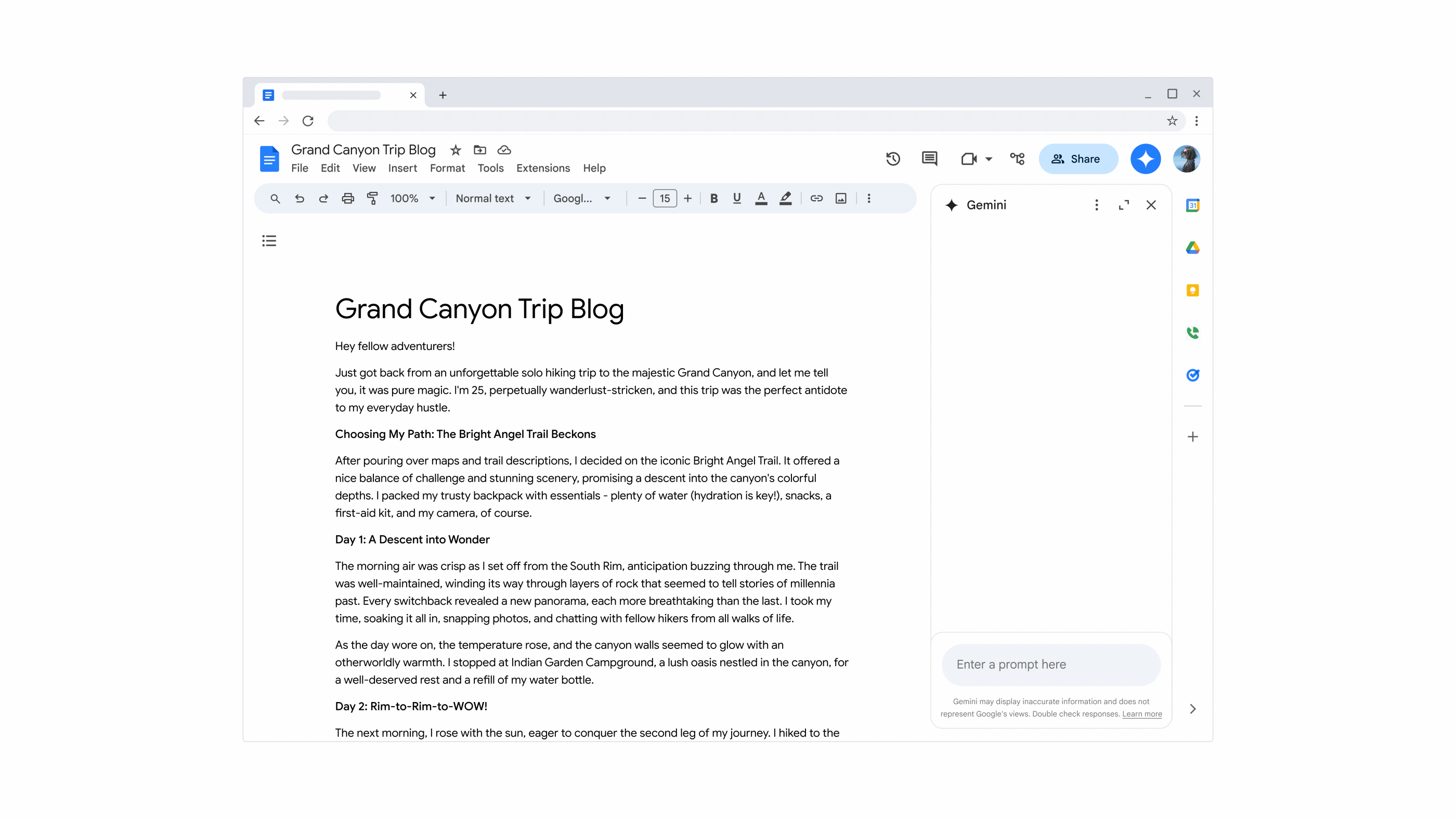 Gemini in Docs side panel providing a summary and suggested prompts