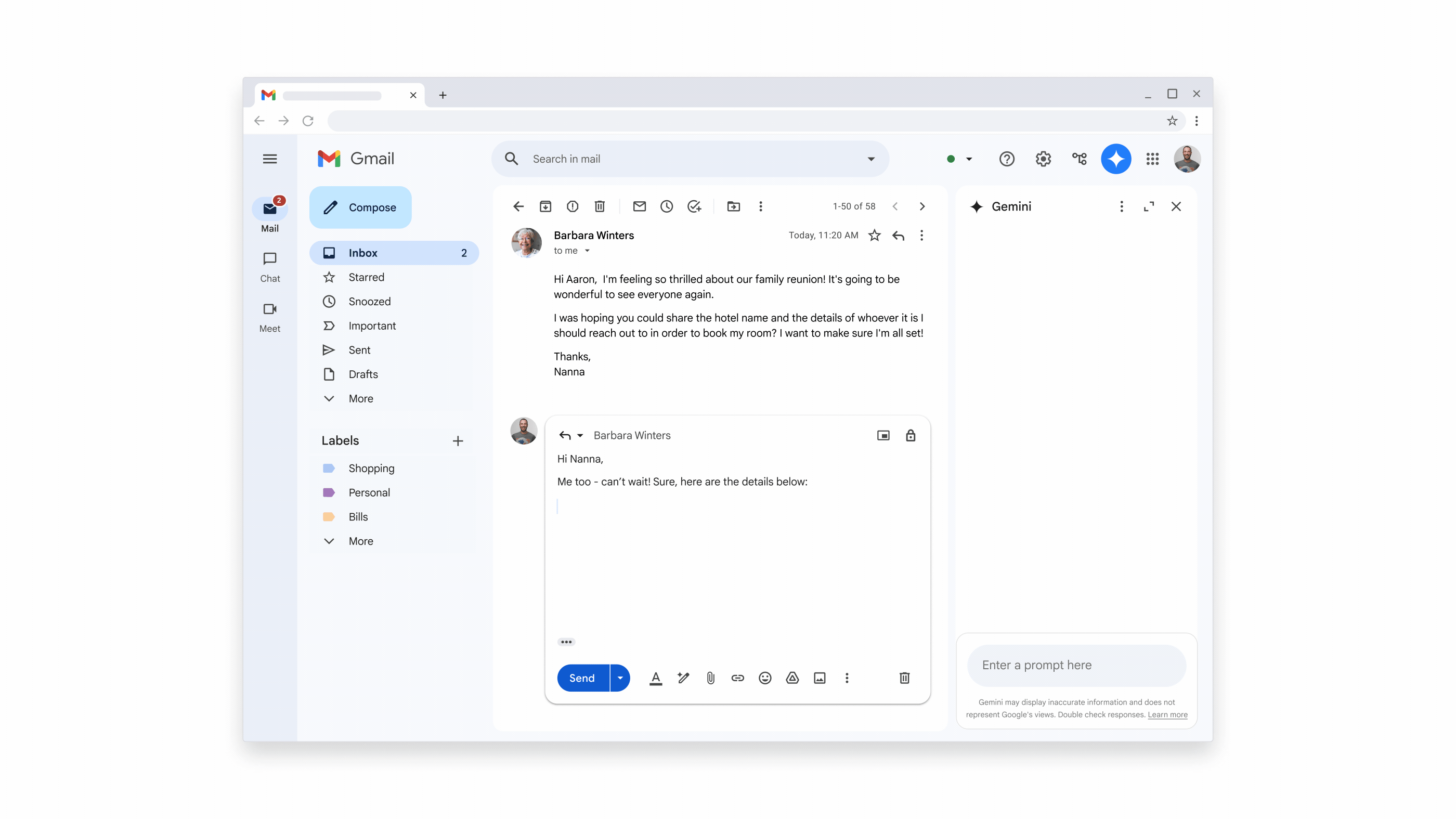 Gemini in Gmail side panel summarizing recent emails and the main points of a meeting recording