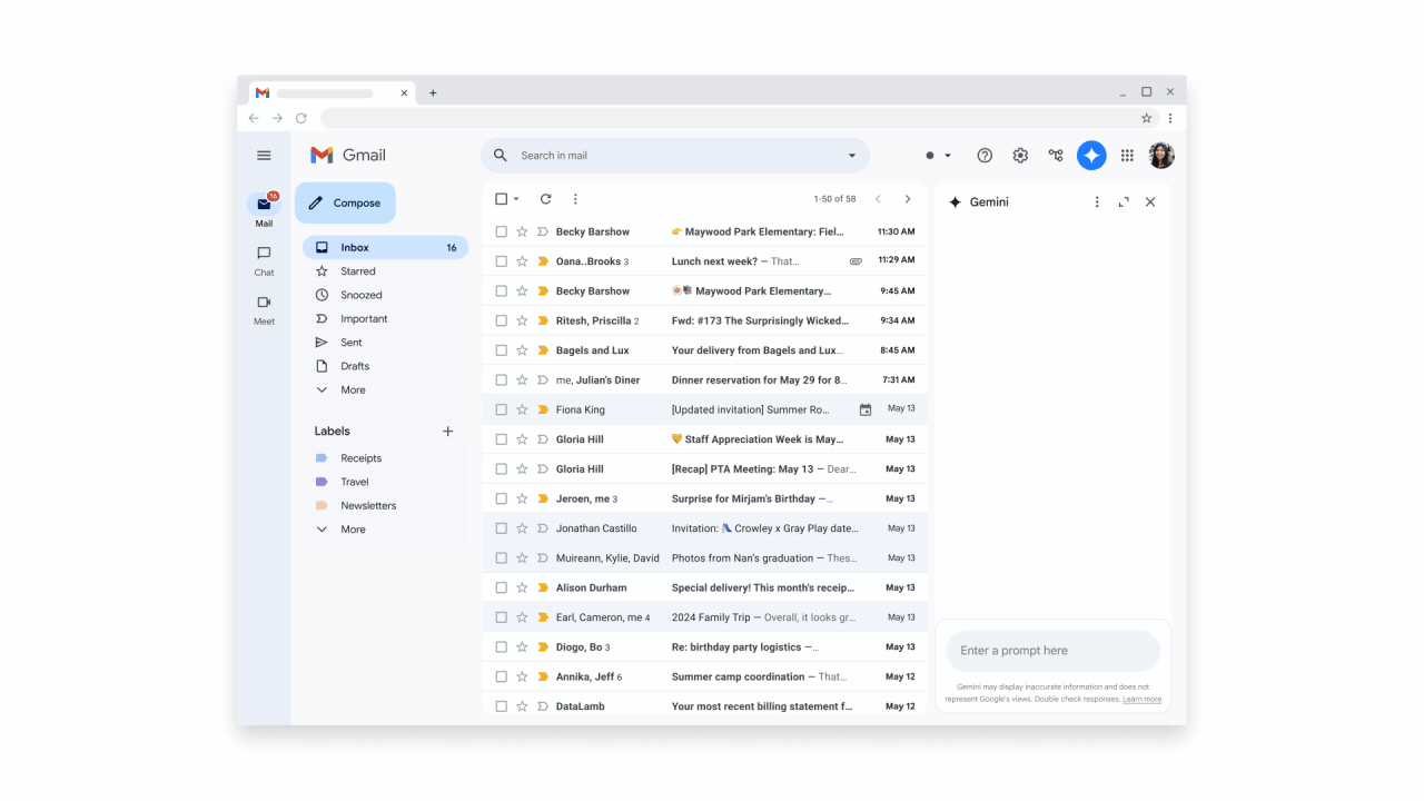 Gemini in Gmail side panel summarizing recent emails and the main points of a meeting recording