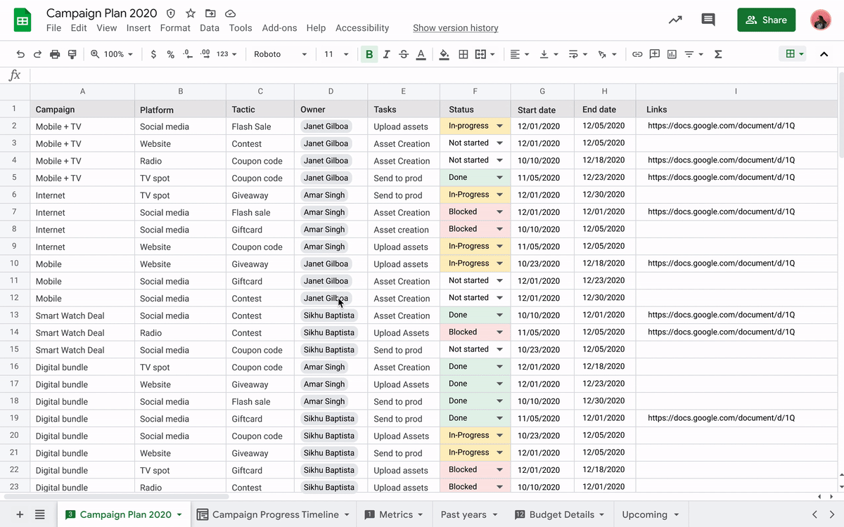 Sheets Timeline View