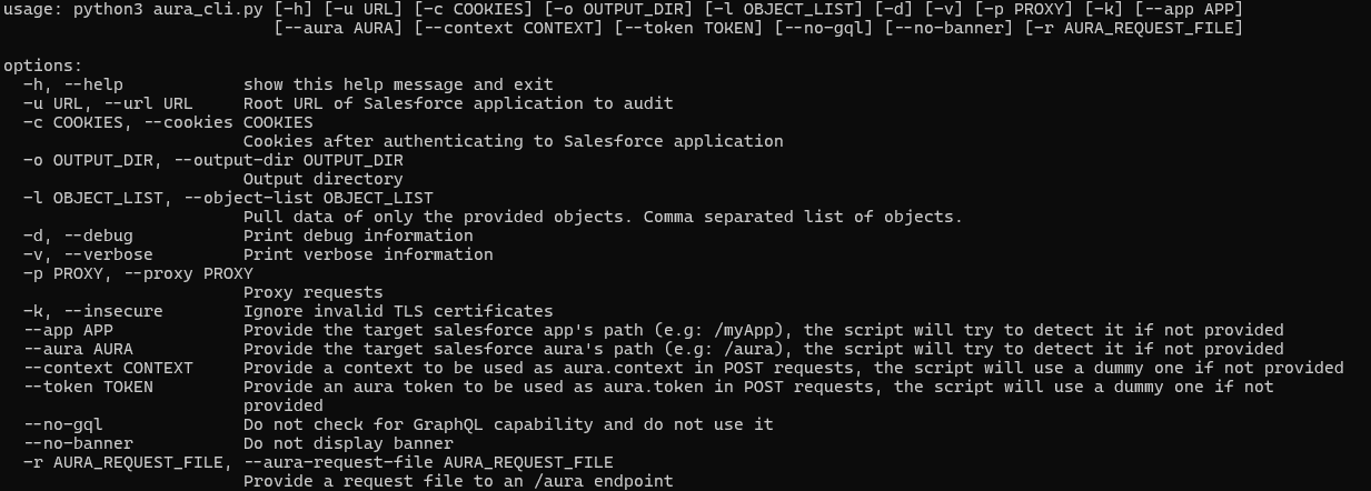 Help message of the AuraInspector tool