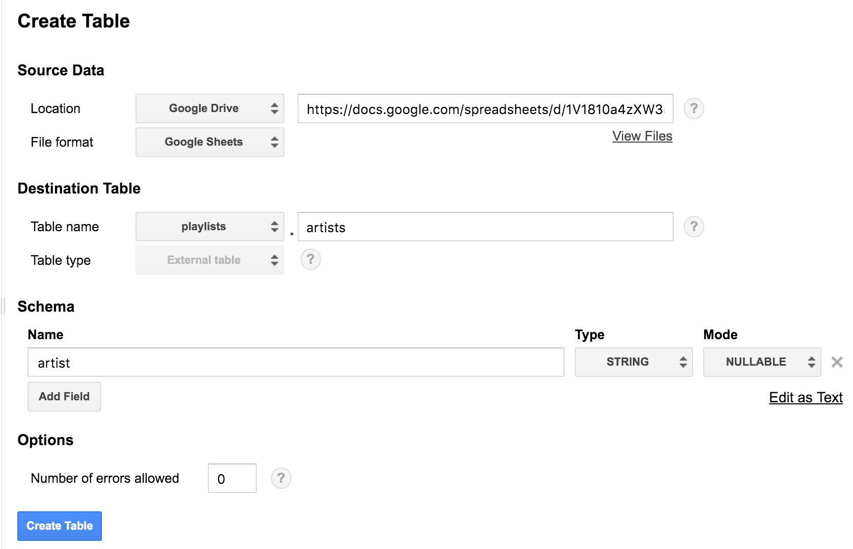 Google Drive to BigQuery - Google BigQuery table