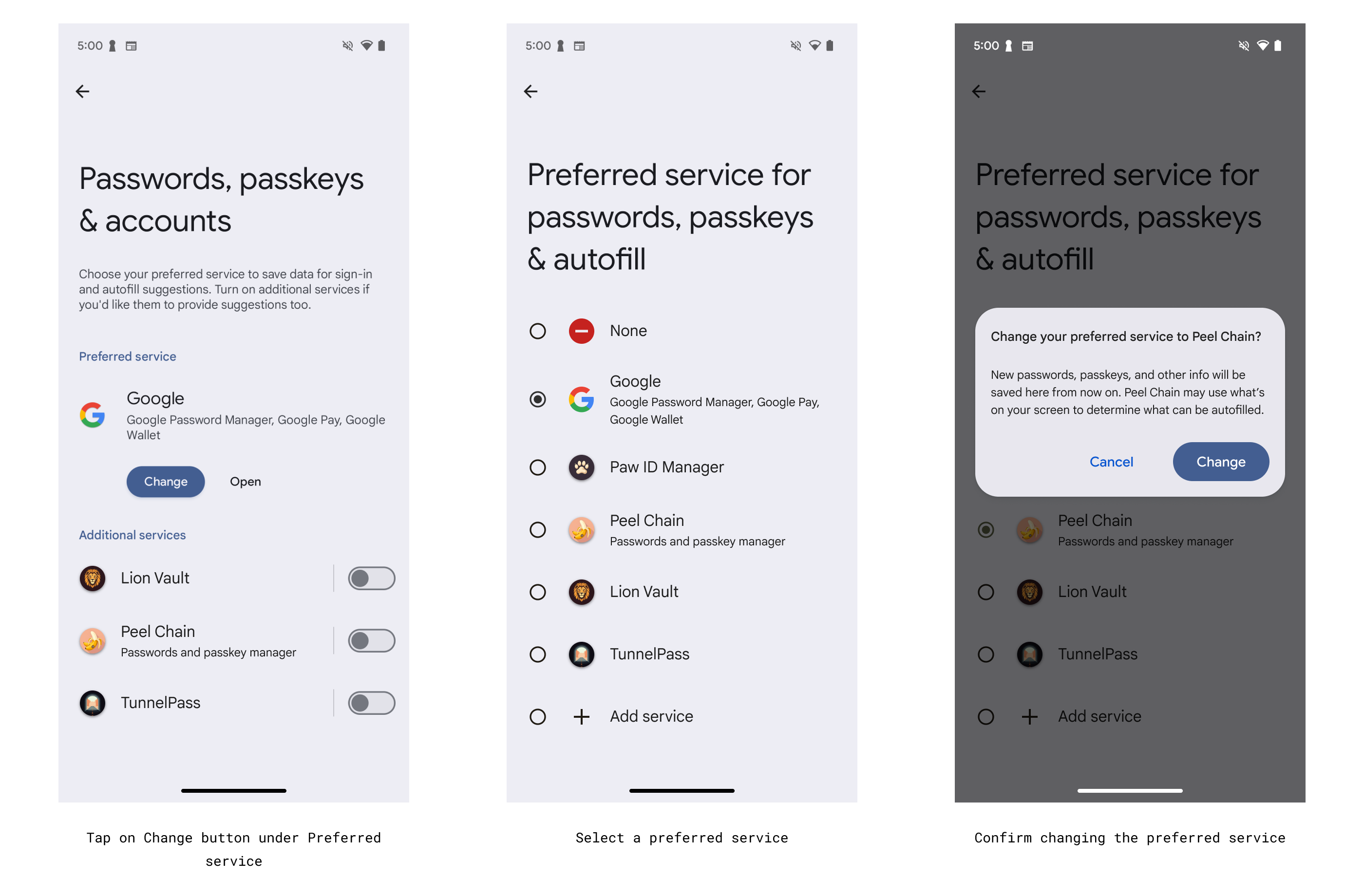 Side by side screenshots show the steps involved in enabling third-party autofill service from your device: first tap 'Change', then select the new service, and finally confirm the change.