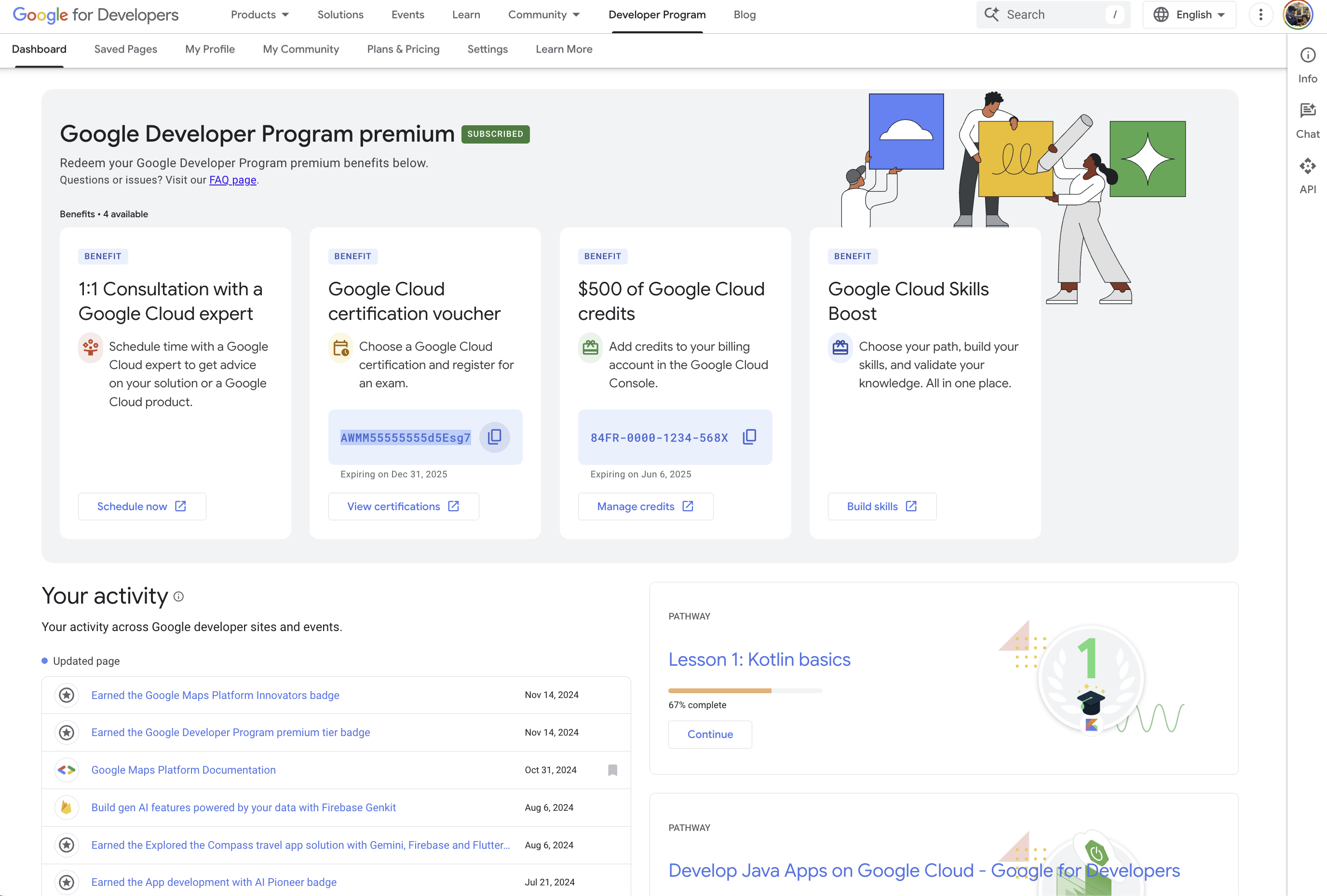 screenshot of benefits dashboard for Google Developer Program