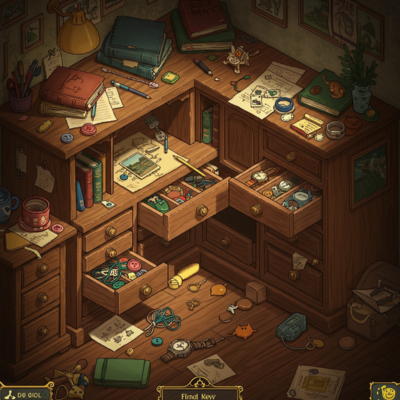 Imagen 3 generated scene from a game where the player needs to find a specific object by looking into drawers in a messy desk
