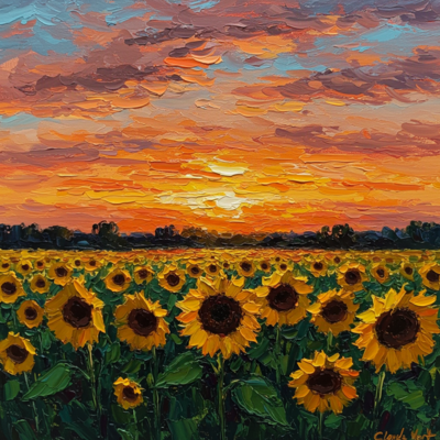 Imagen 3 generated image of an impressionistic landscape painting of a sunset over a field of sunflowers, vibrant colors, thick brushstrokes, inspired by Monet