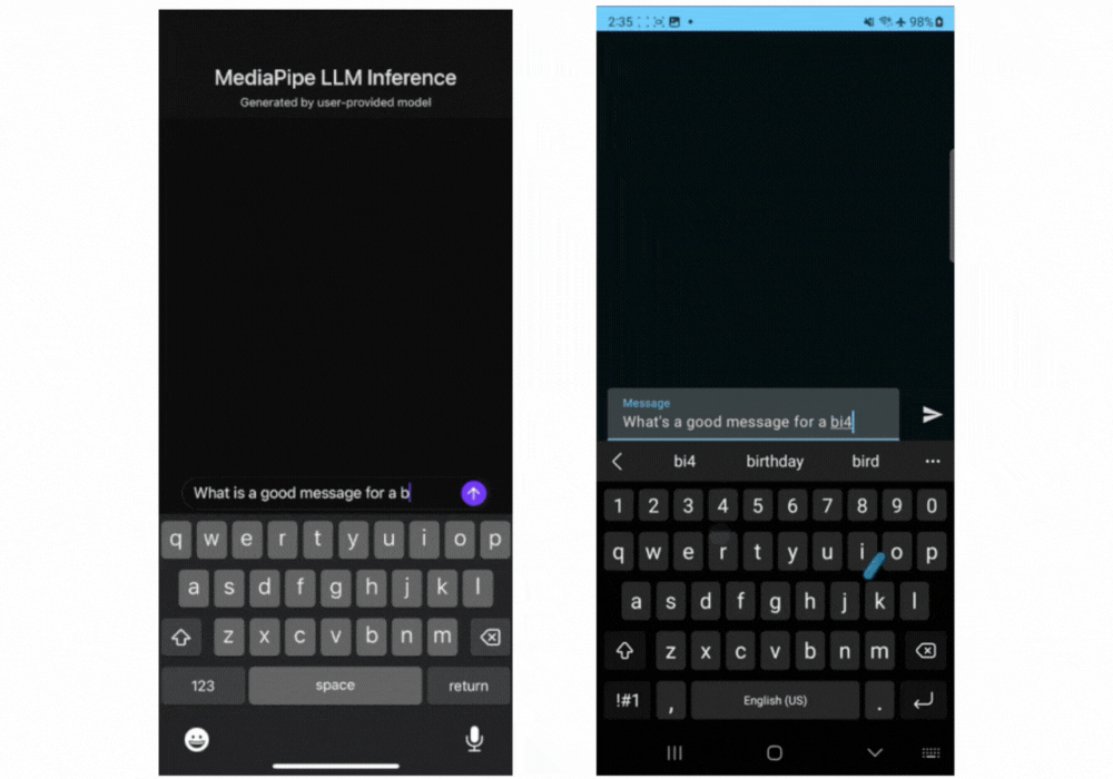 Moving image of Gemma 2B running on-device on iOS (left) and Android (right) via the MediaPipe LLM Inference API