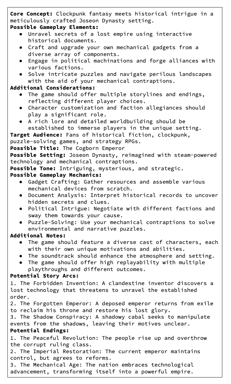 Example of Gemma output elaborating on the gameplay idea provided in an earlier prompt