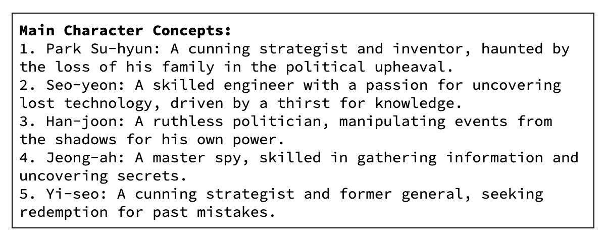 Gemma example output for prompt "Design main characters"