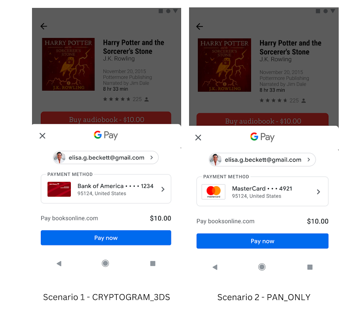 Side by side example of payment sheets for both scenarios, showing cryptogram_3DS on the left, and PAN_ONLY on the right