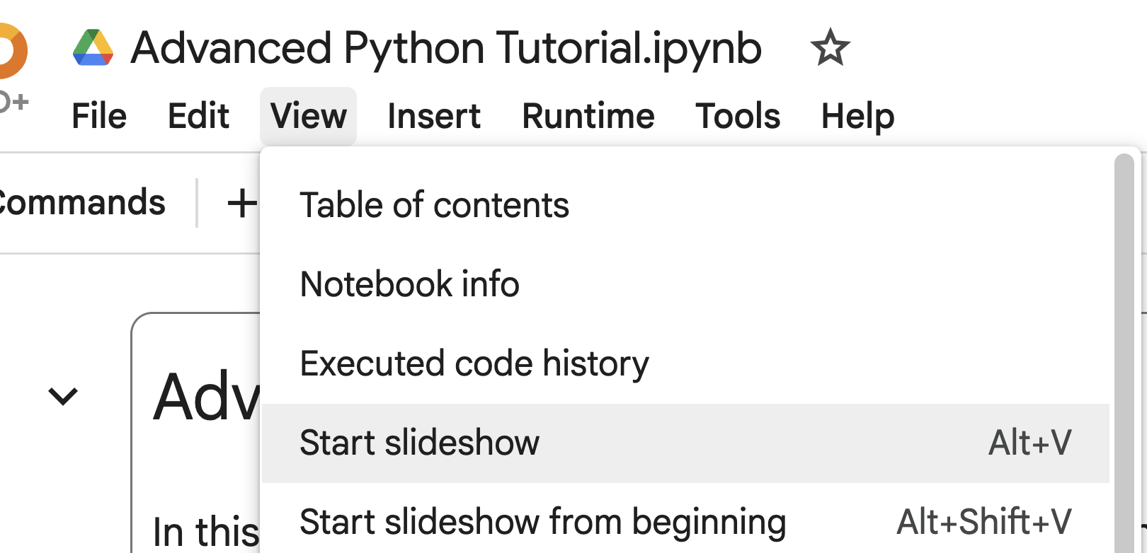 Start Slideshow Menu