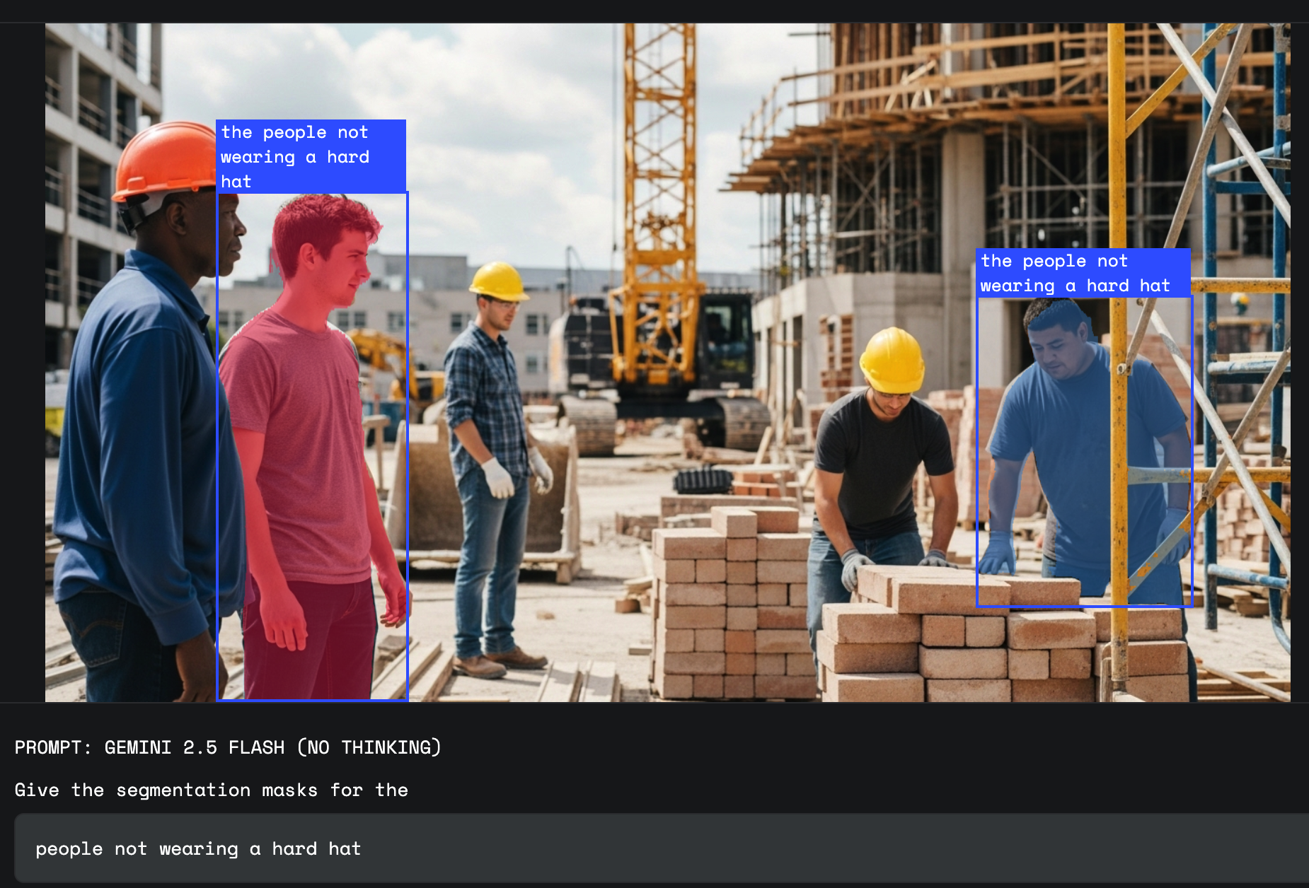 At a construction site, a natural language segmentation overlay is applied to identify "the people not wearing a hard hat".