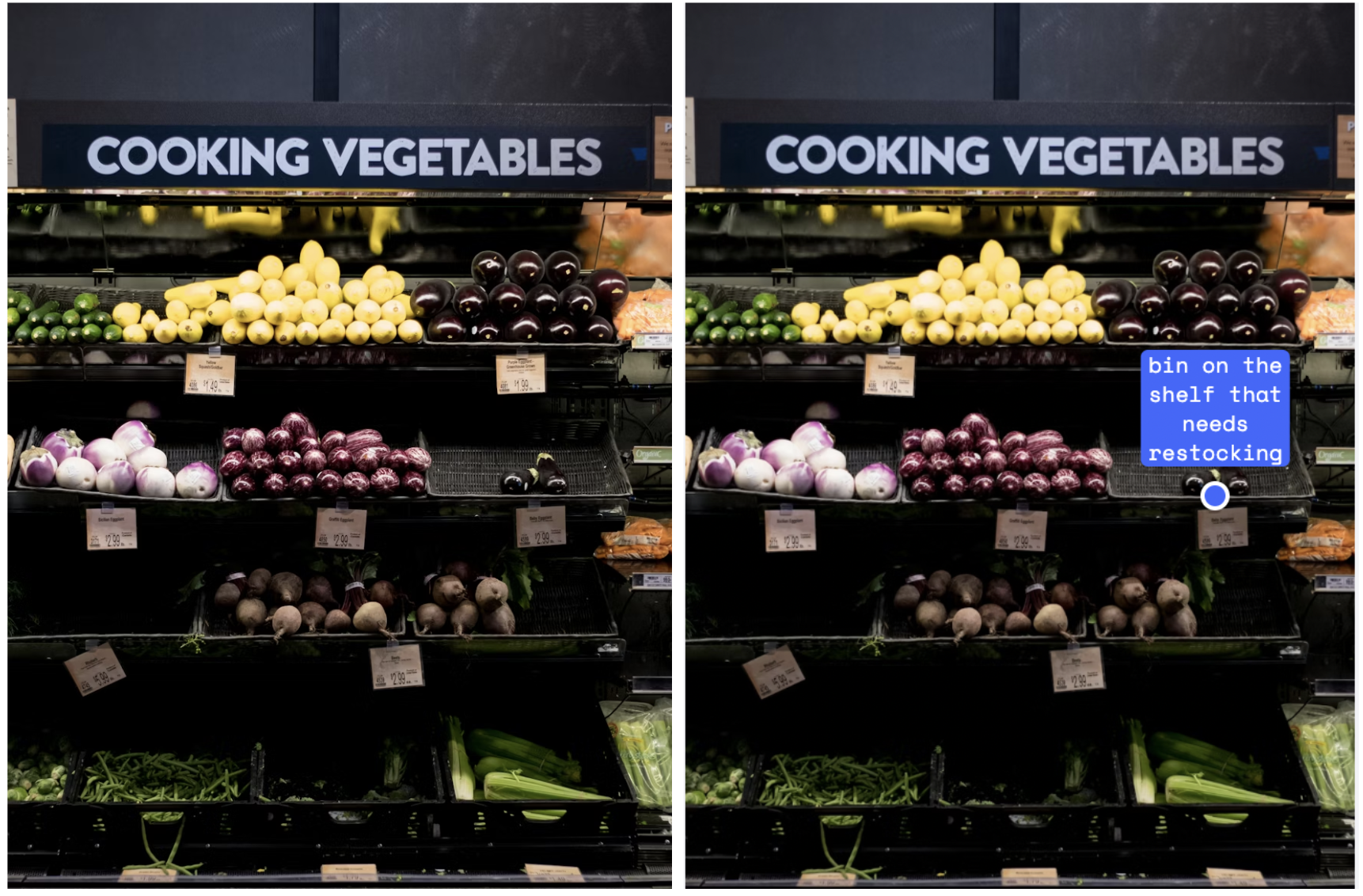 Gemini 2.5 can locate objects in the scene based on fine-grained language descriptions, for example, find a shelf that needs restocking.