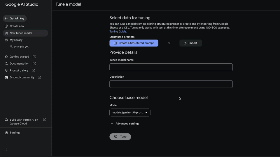 moving image showing how to select data for tuning in Google AI Studio by importing data