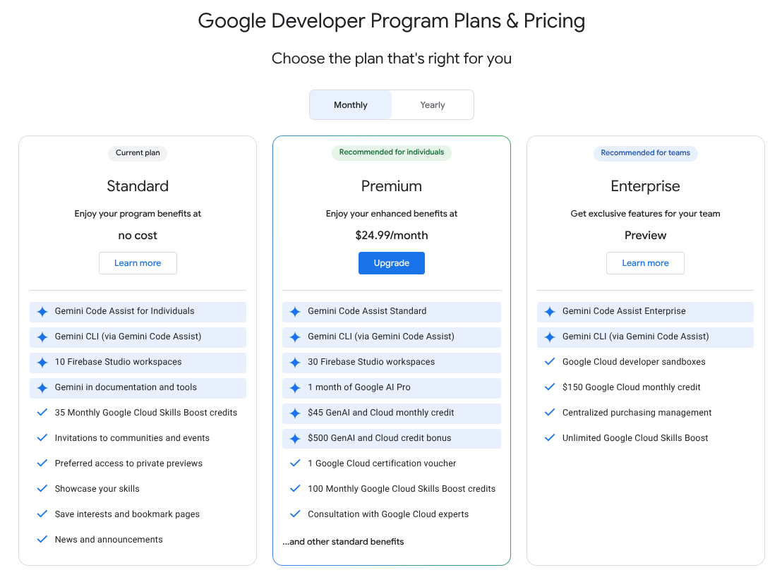 Google Developer Program pricing