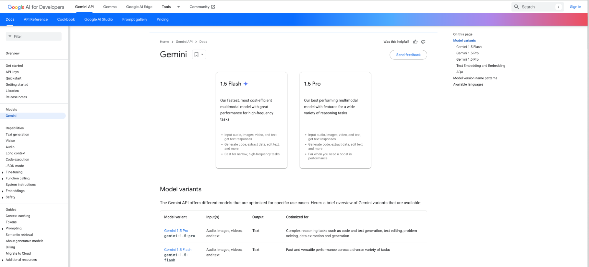 Updated developer documentation for the Gemini API