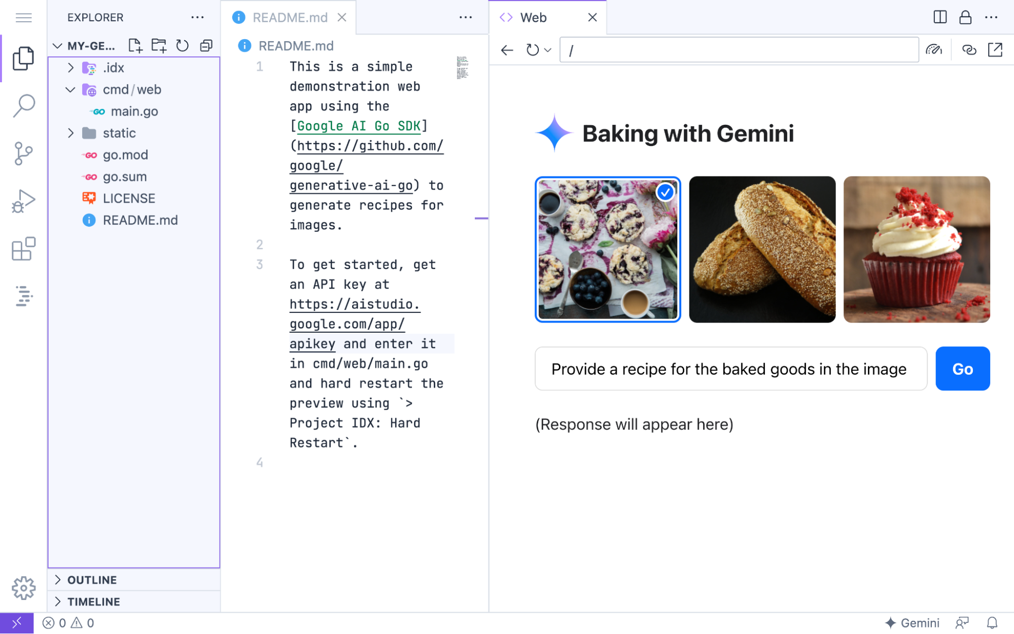 Code editor displays project files and a web page titled "Baking with Gemini"  with images of baked goods and a prompt to provide a recipe in IDX