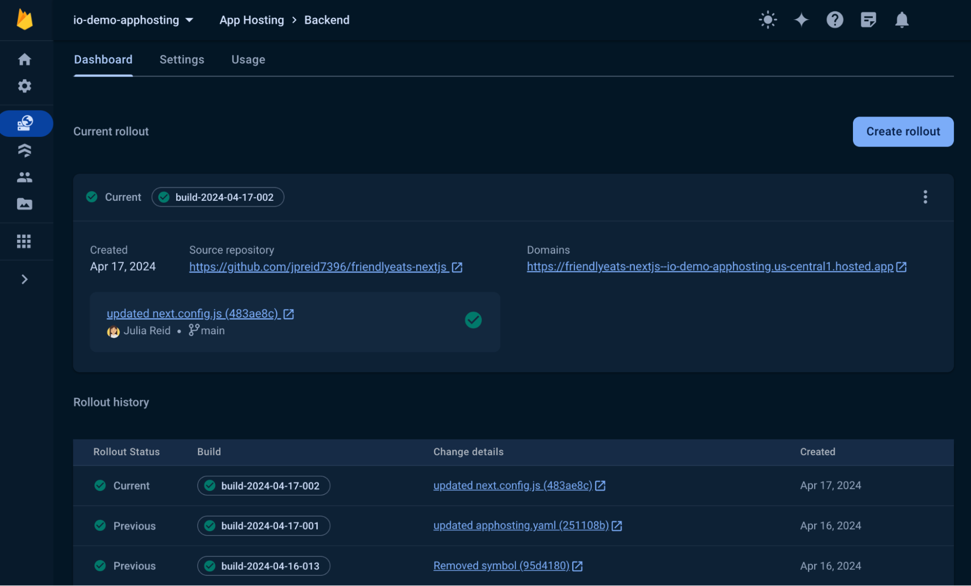 Firebase App Hosting dashboard