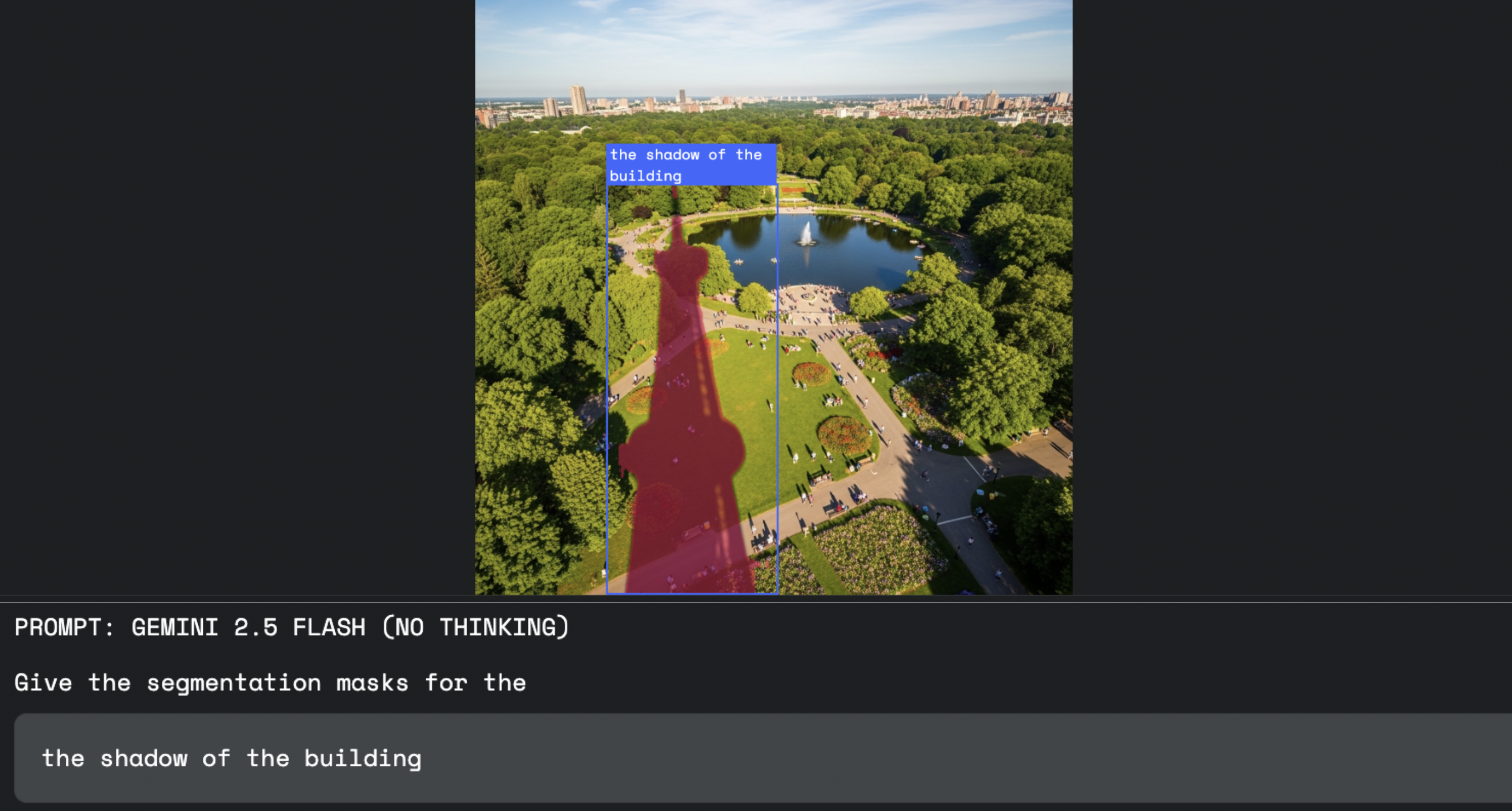 An aerial view of a park demonstrates a natural language segmentation overlay identifying "the shadow of the building".