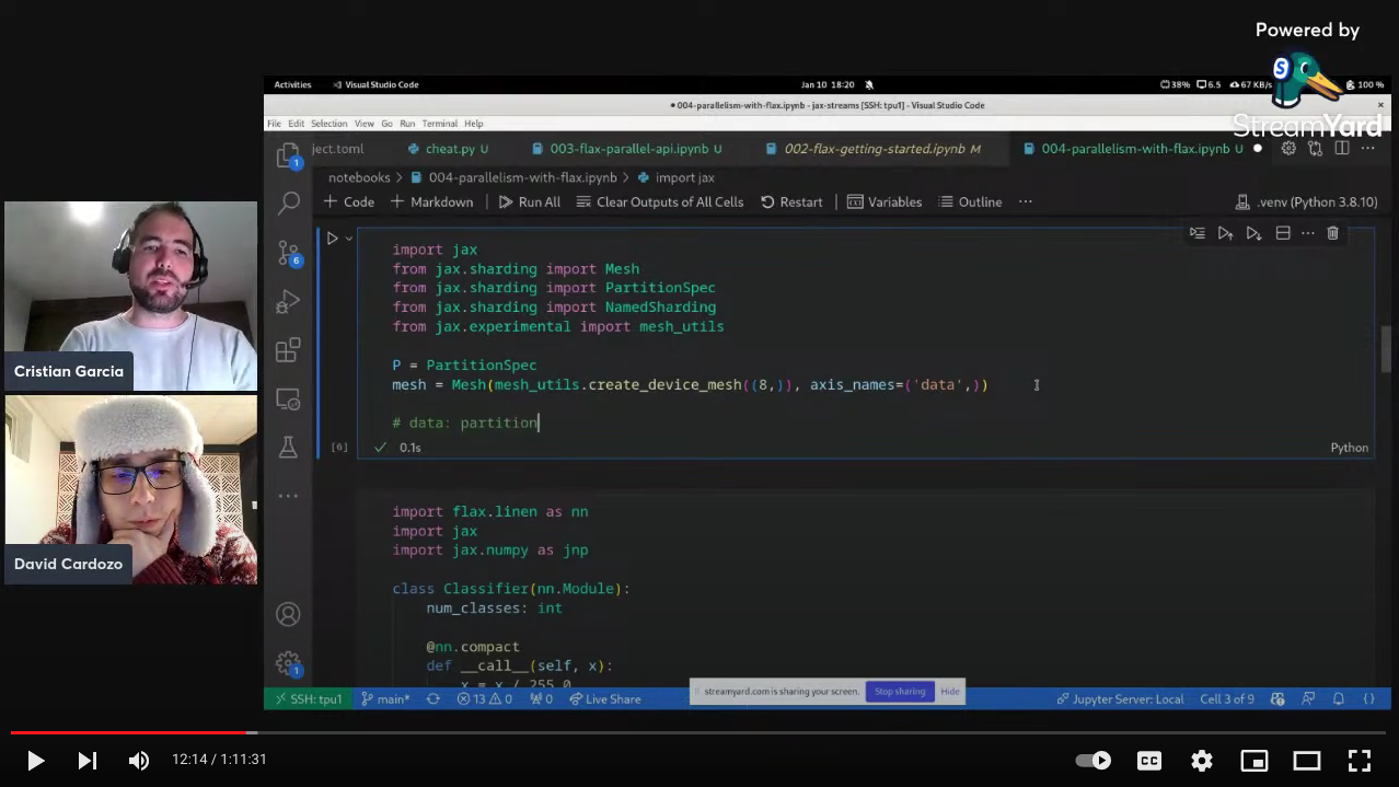 Screen grab from JAX Streams: Parallelism with Flax | Ep4 with David Cardozo and Cristian
      Garcia