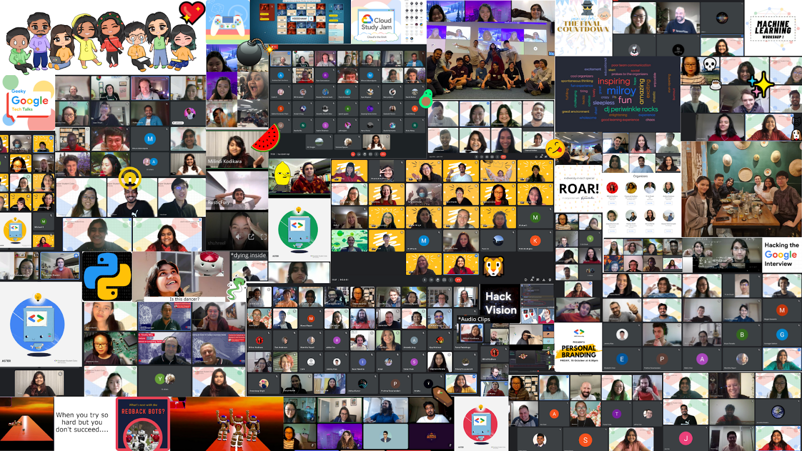 Collage style image made up of images of
      GDSC RMIT members, memes, emojis, and graphics created by the group