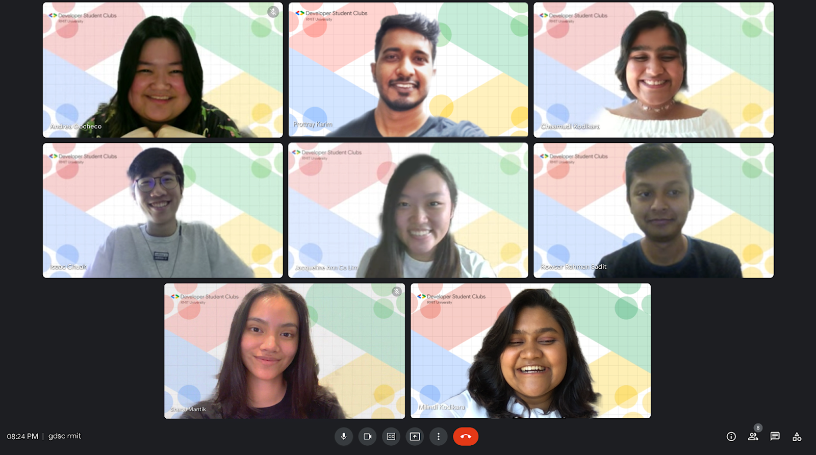 Screenshot from a Google Video Chat shows
      the GDSC core team at RMIT University. They are all smiling at the camera