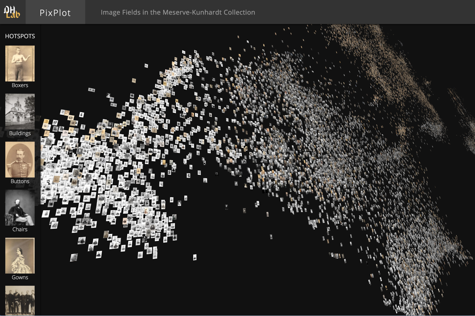 Screenshot from the PixPlot library showing Image Fields in the Meserve-Kunhardt
      Collection with the following identified hotspots: Boxers, Buildings, Buttons, Chairs, Gowns