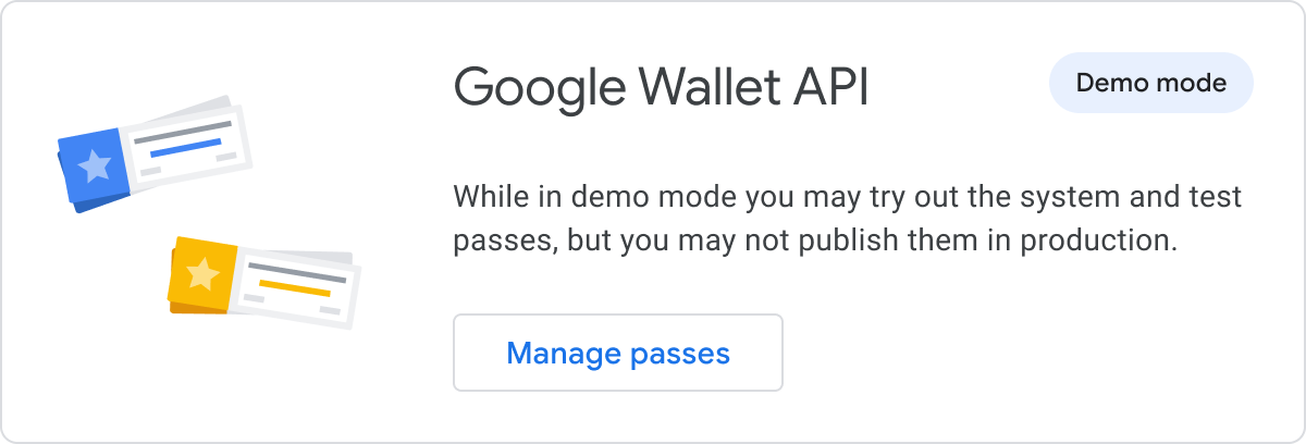 Google Wallet API integration card on the console dashboard