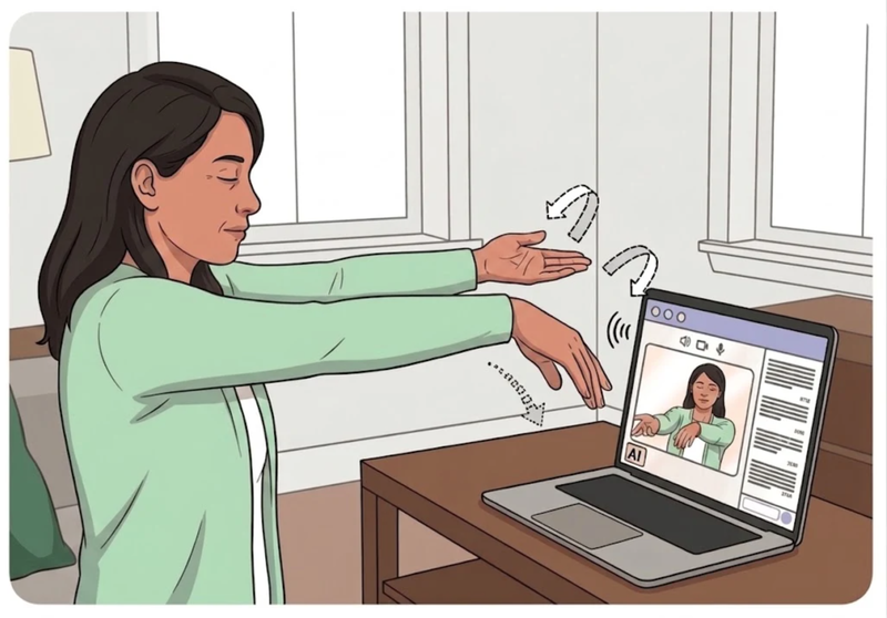 A woman performs guided arm movements for an AI virtual assessment on her laptop.