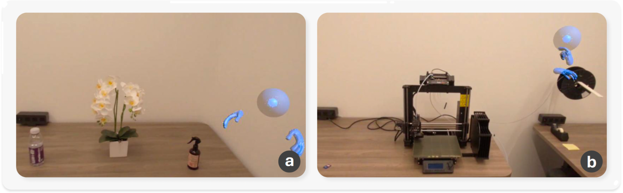 Side-by-side photos showing user study setups with floating blue hand avatars near an orchid (a) and a 3D printer (b).