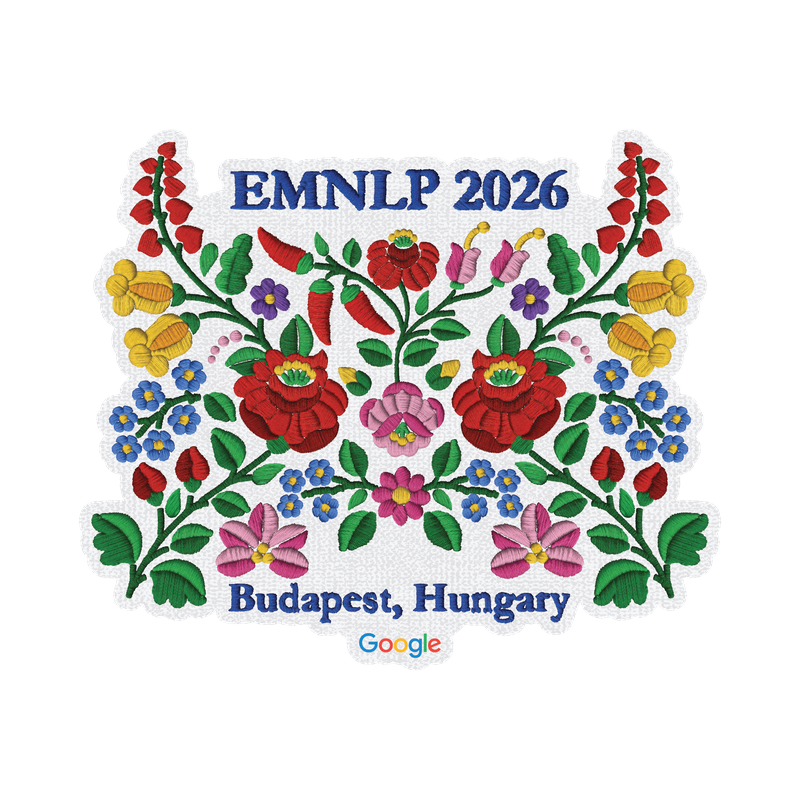 Floral embroidery graphic for EMNLP 2026 in Budapest, Hungary, featuring a Google logo.