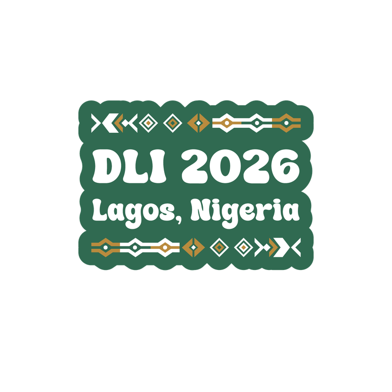 A dark green sticker with white text reading "DLI 2026, Lagos, Nigeria" surrounded by white and gold geometric patterns.